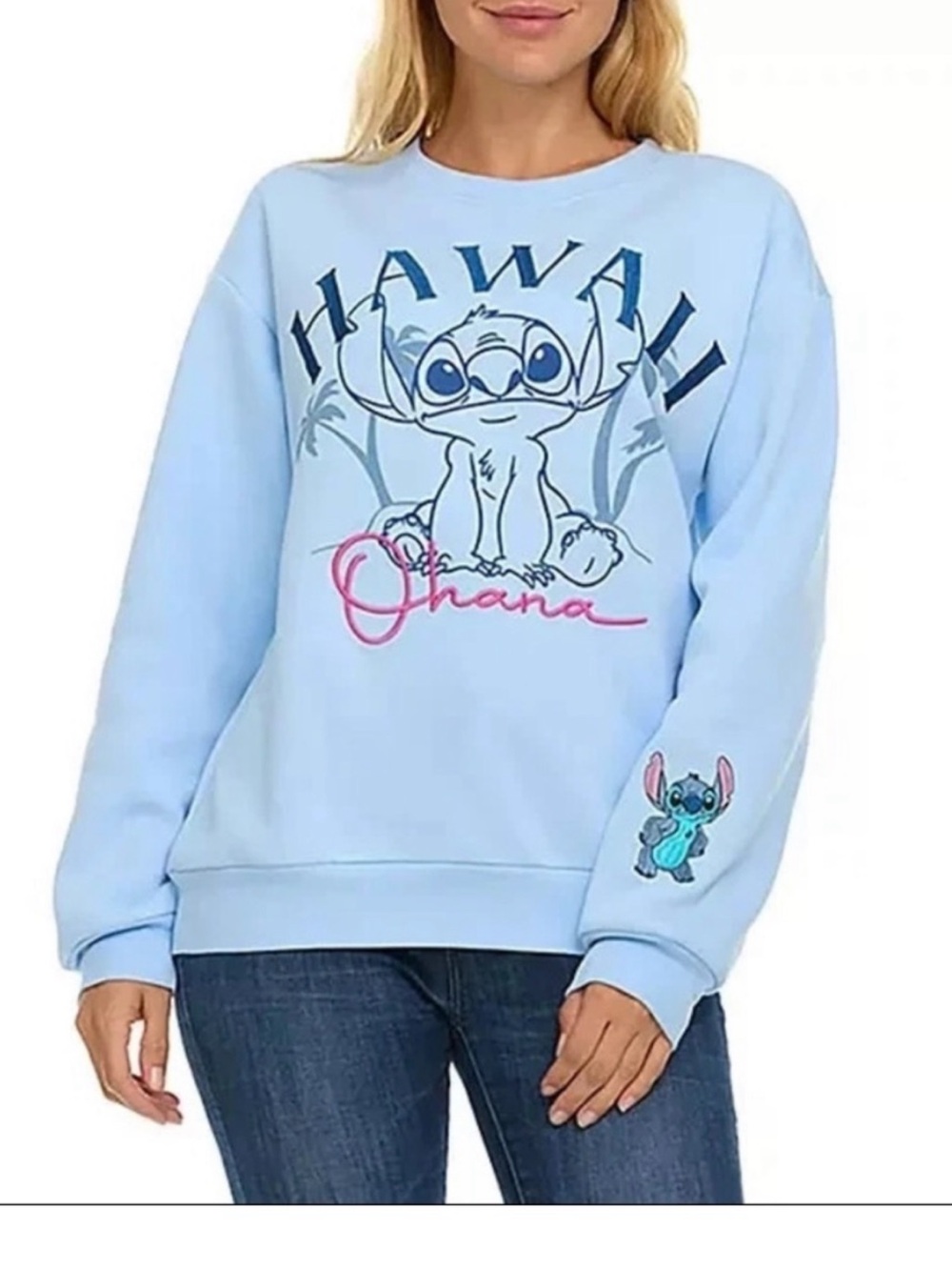 Disney Stitch women’s size large blue Hawaii Ohana soft sweatshirt.